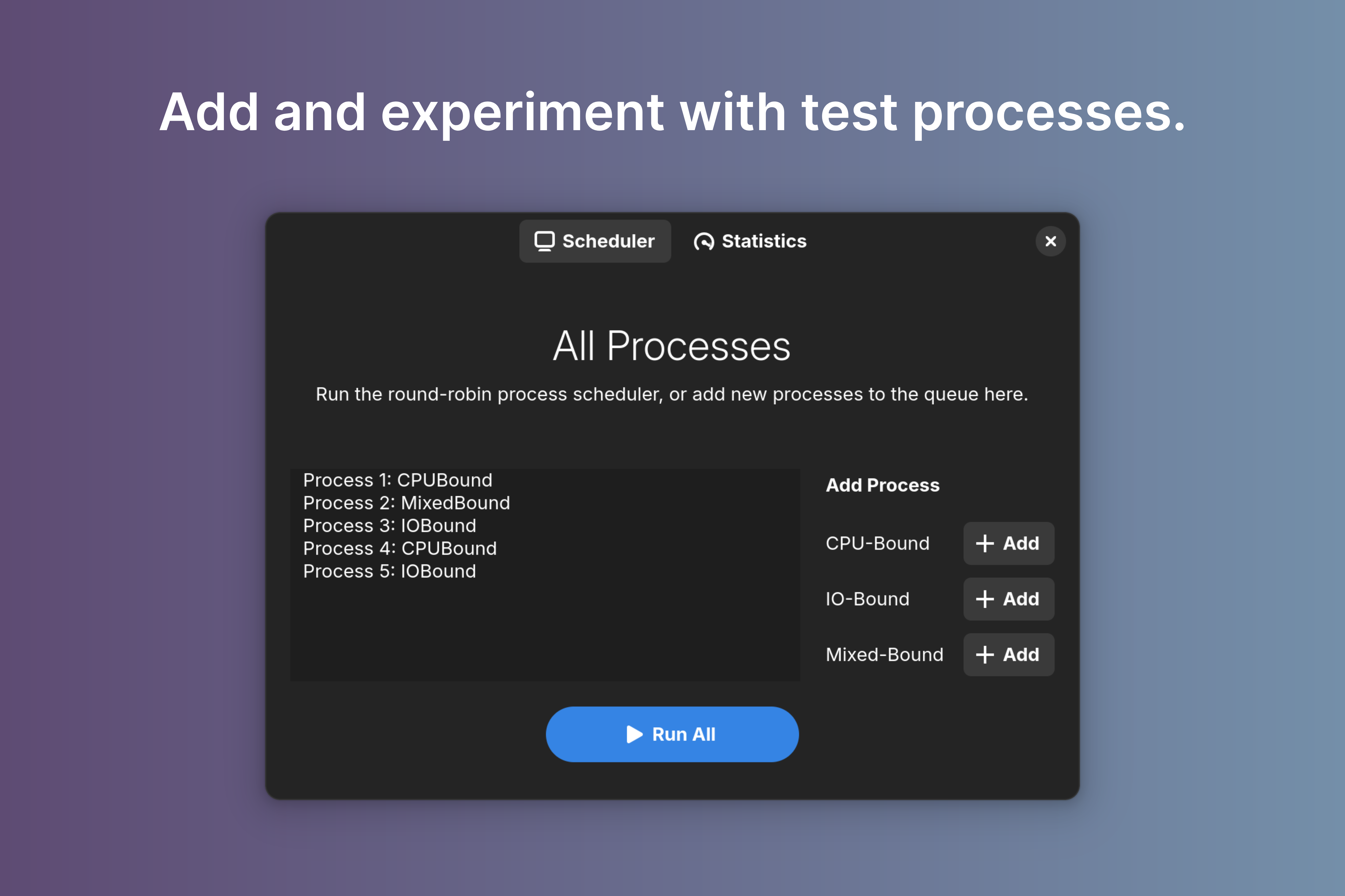 A screenshot of Robinwaita showing how processes are added to the scheduler