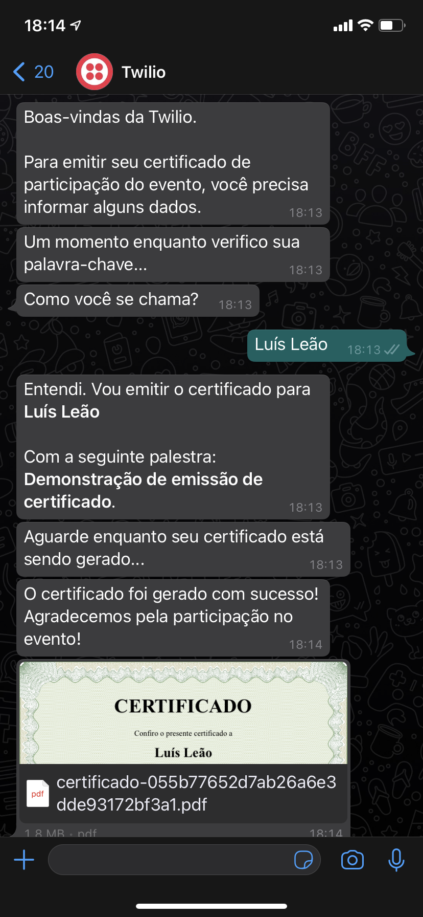 Tela do WhatsApp com exemplo funcional