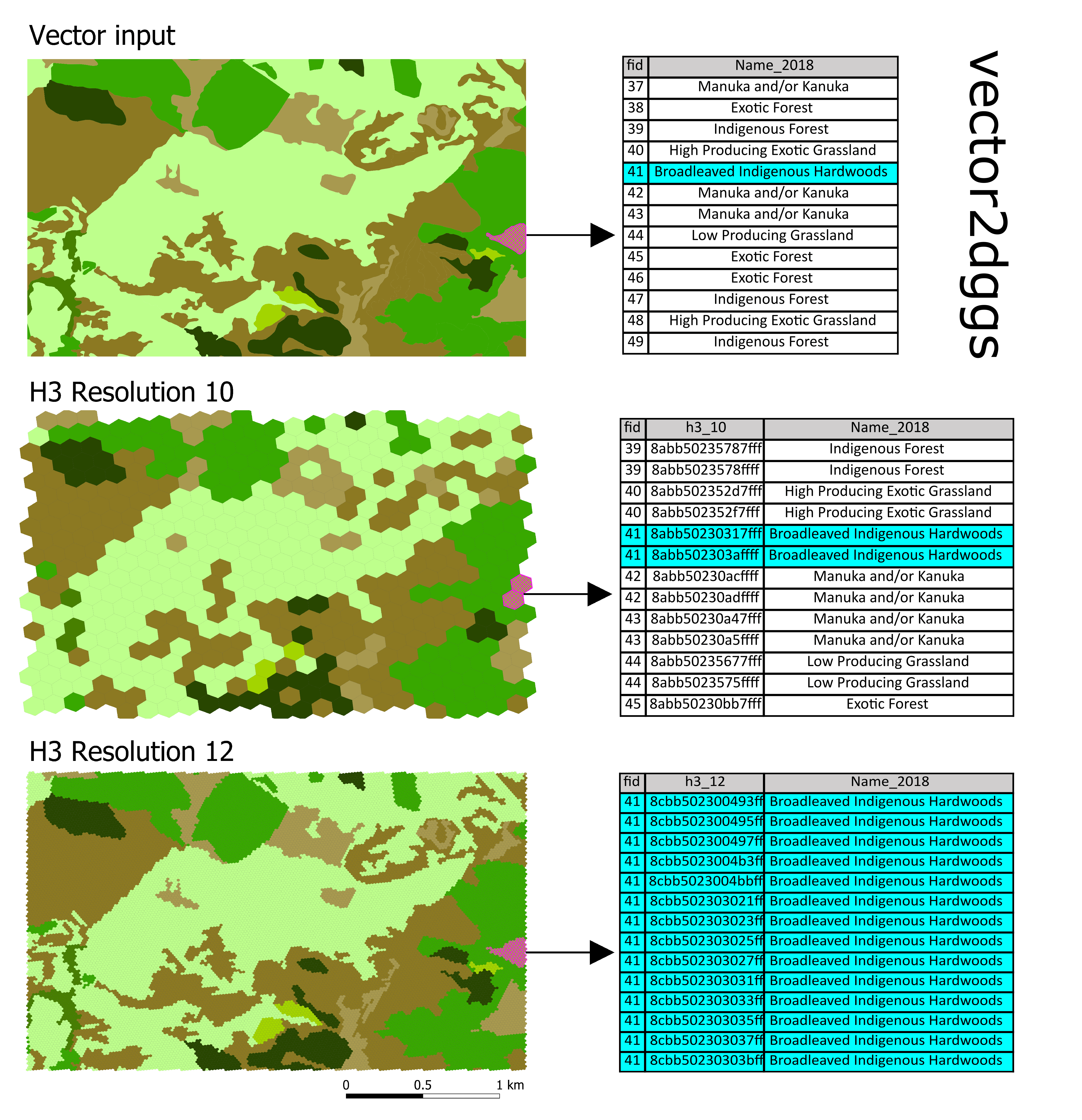 Example use case for vector2dggs, showing parcels indexed to a high H3 resolution