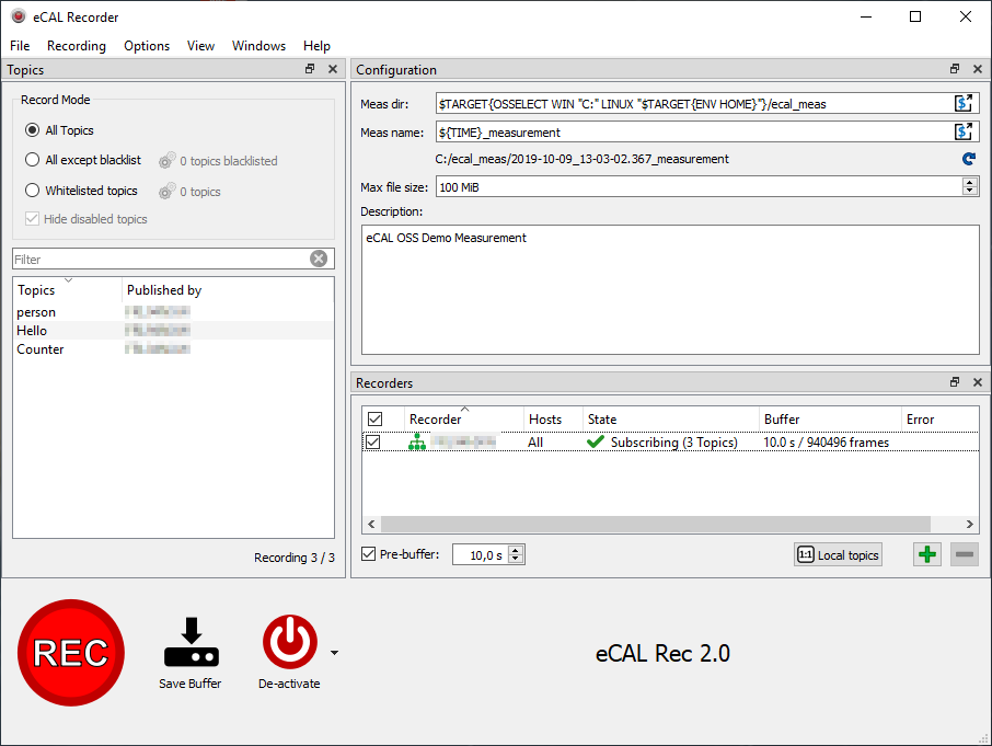 eCAL recorder recording 3 topics