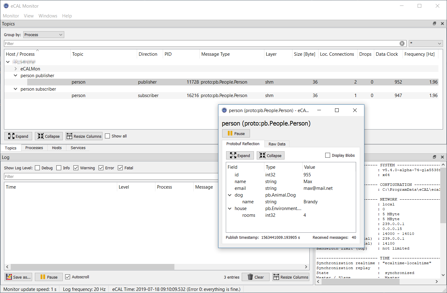 eCAL monitor showing topic 'person'