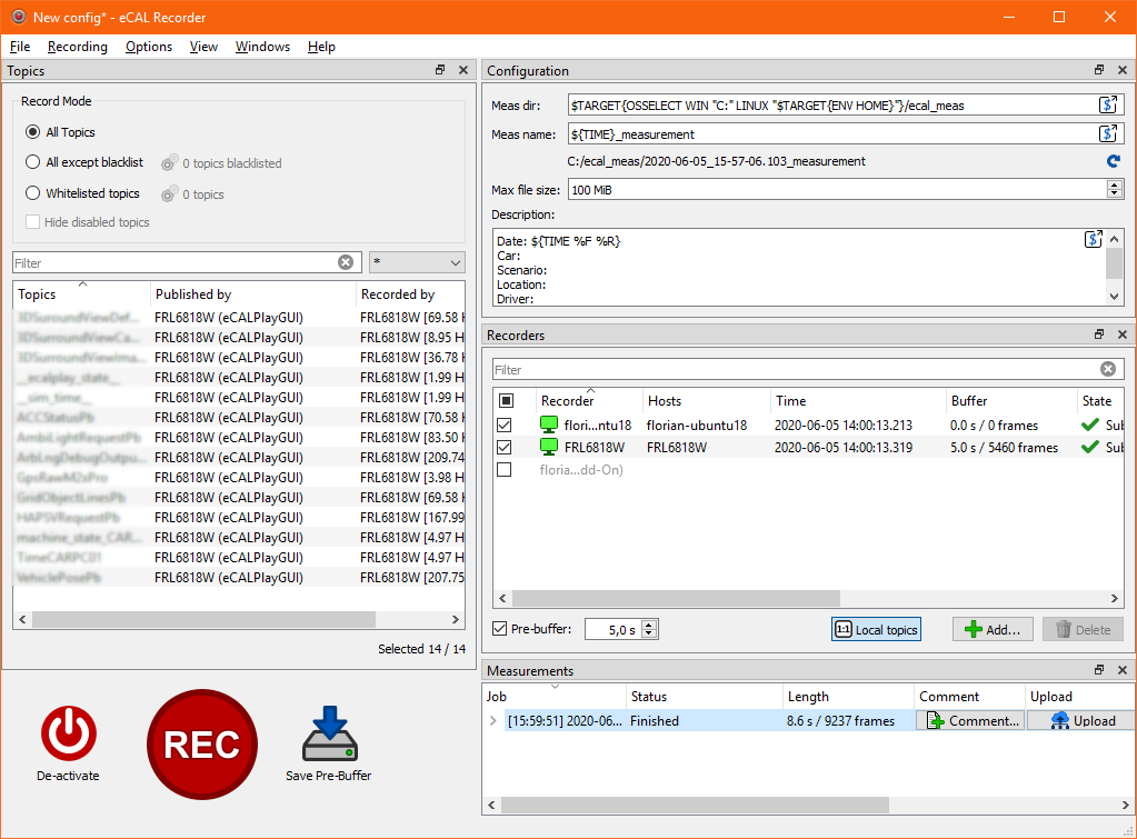 eCAL recorder recording 3 topics