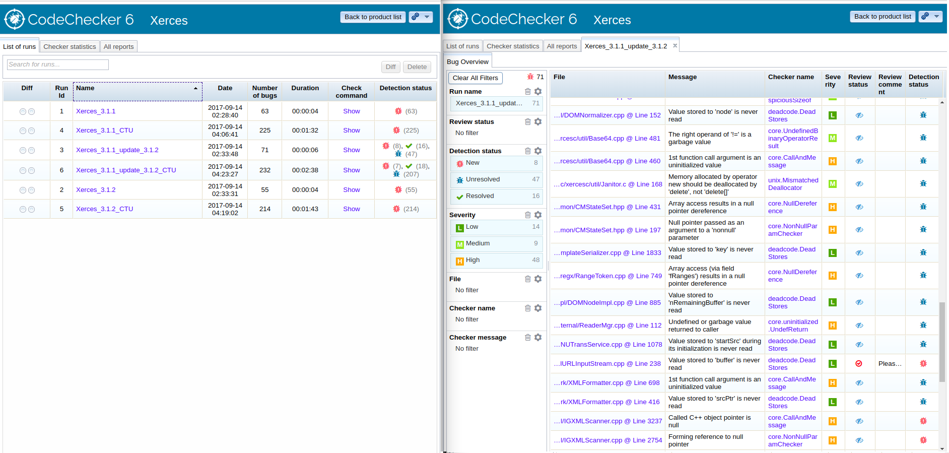 Web interface showing list of analysed projects and bugs