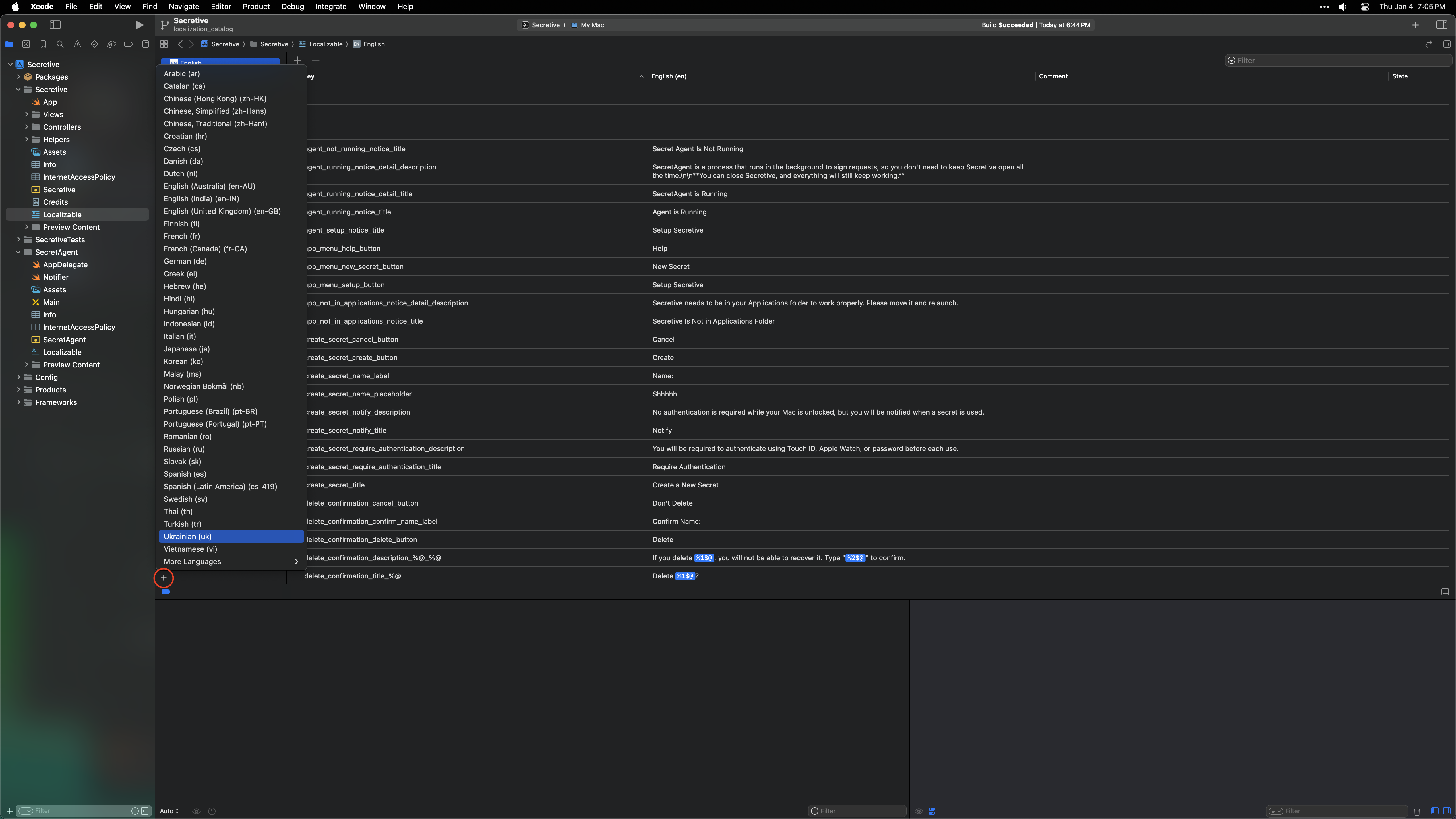 Screenshot of Xcode adding a new language