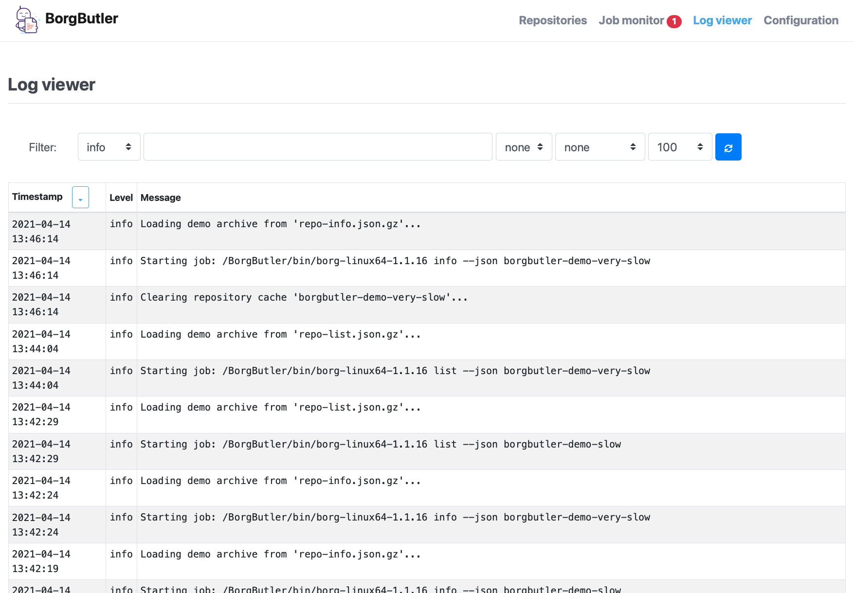 Log viewer of BorgButler