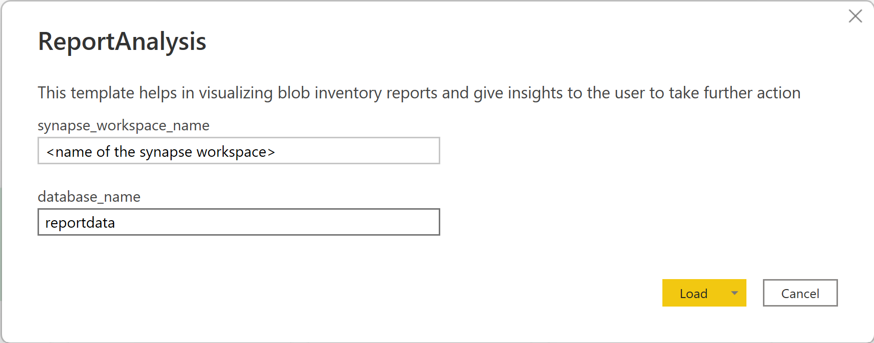 Enter the name of synapse workspace in synapse_workspace_name and reportdata in database_name