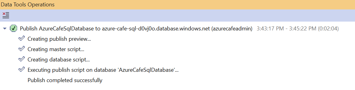 The Data Tools Operations panel displays indicating the database was published successfully.