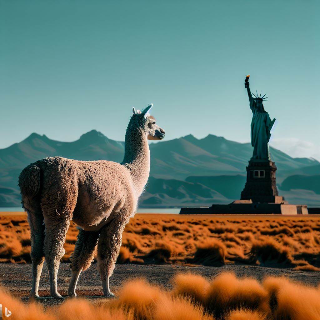 alpaca on the Altiplano grasslands with the Statue of Liberty in the background