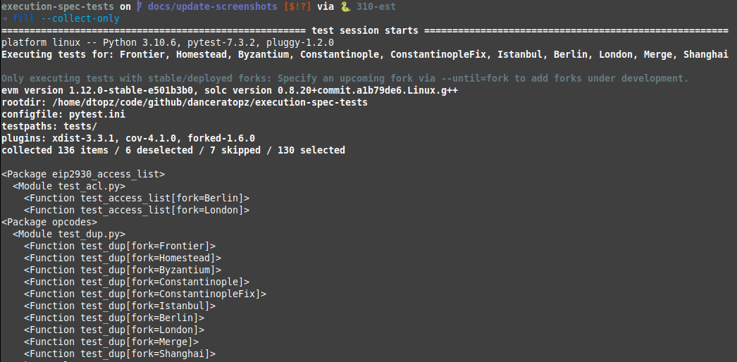 Screenshot of pytest test collection console output