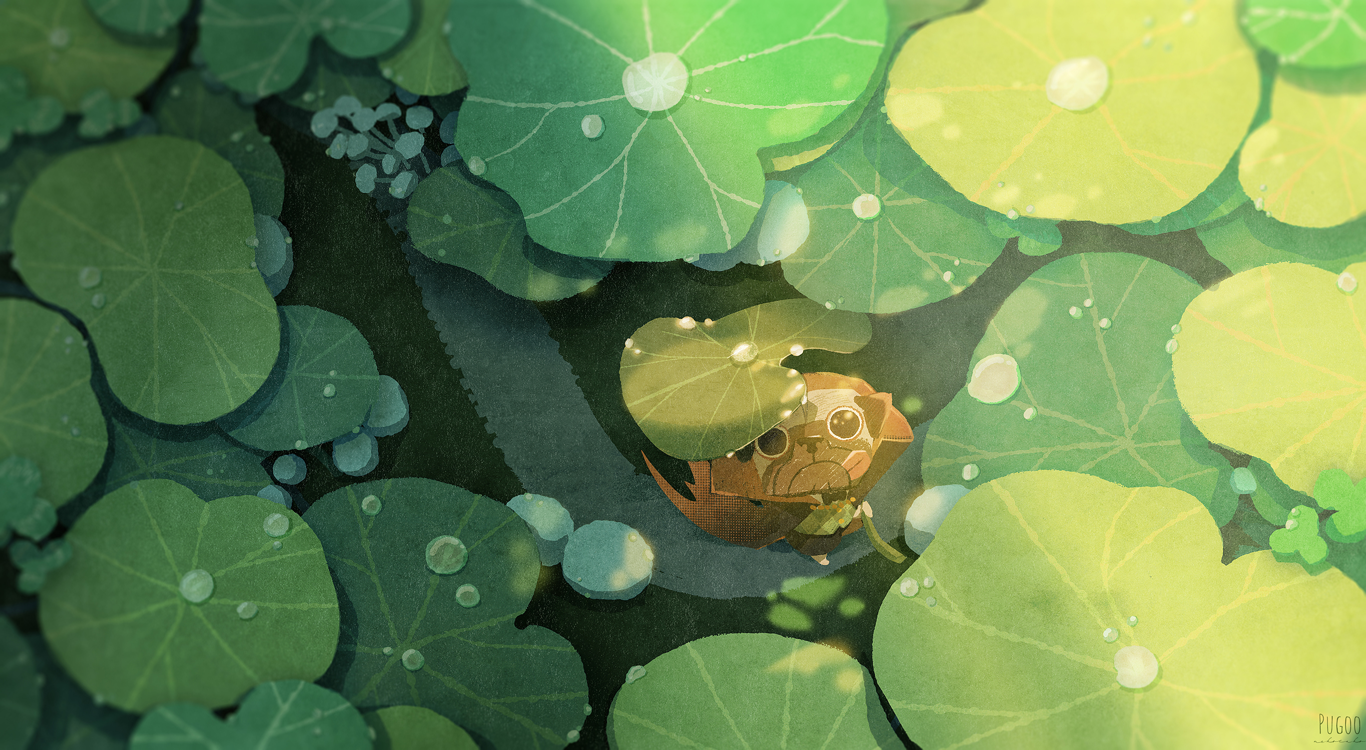 a_cartoon_character_in_a_pond_surrounded_by_leaves