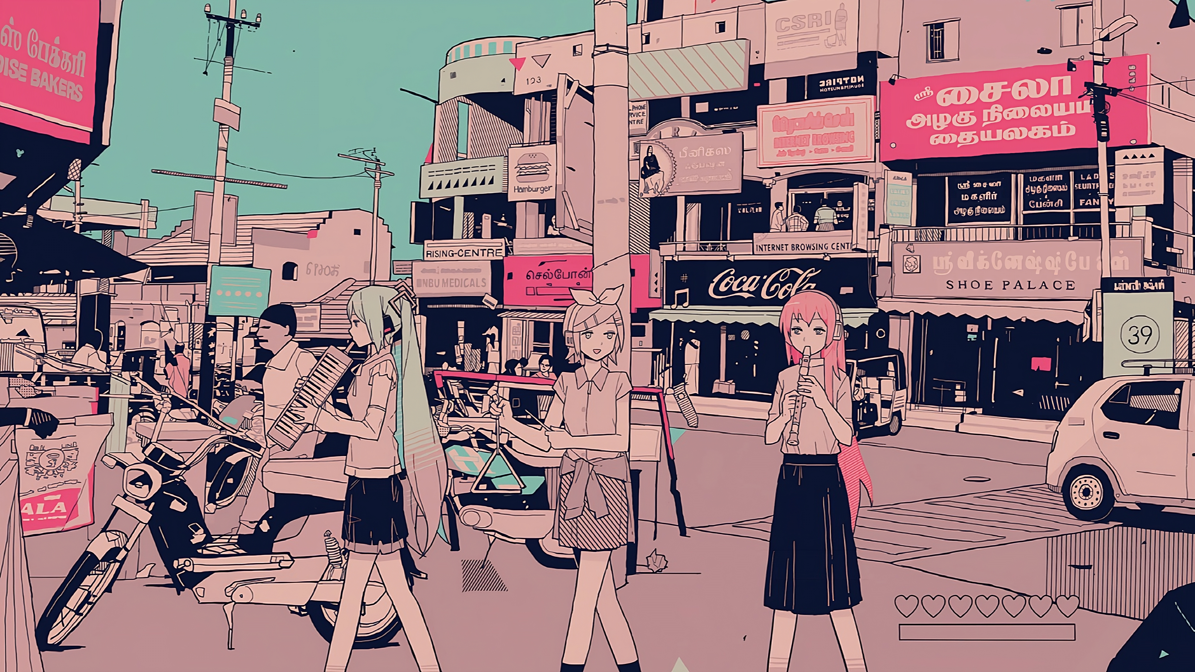 a_cartoon_of_girls_playing_instruments_on_a_street