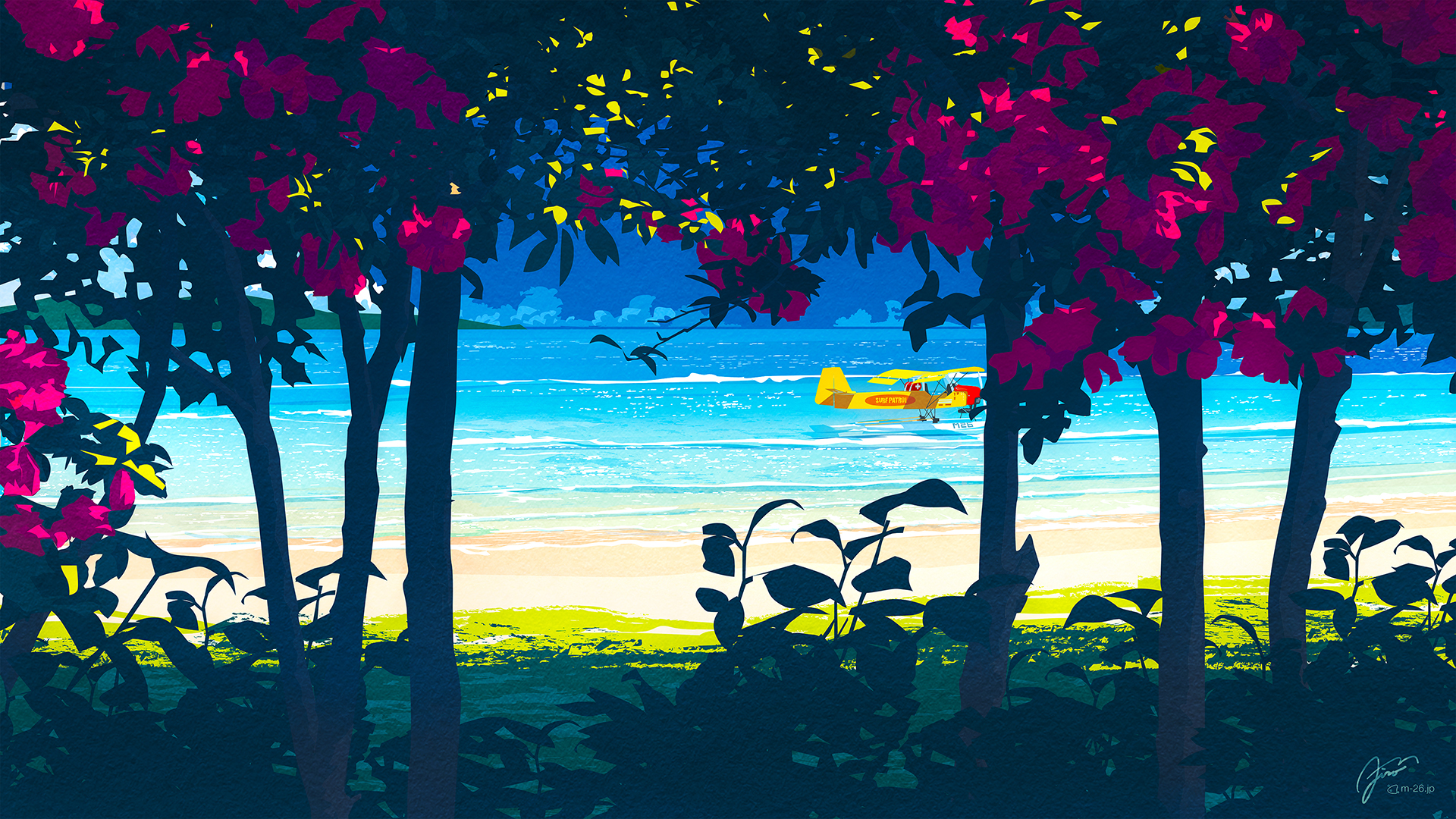 a_beach_with_trees_and_flowers