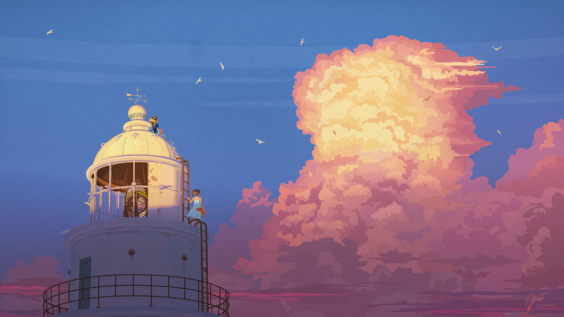 a_lighthouse_with_a_large_cloud_of_pink_clouds