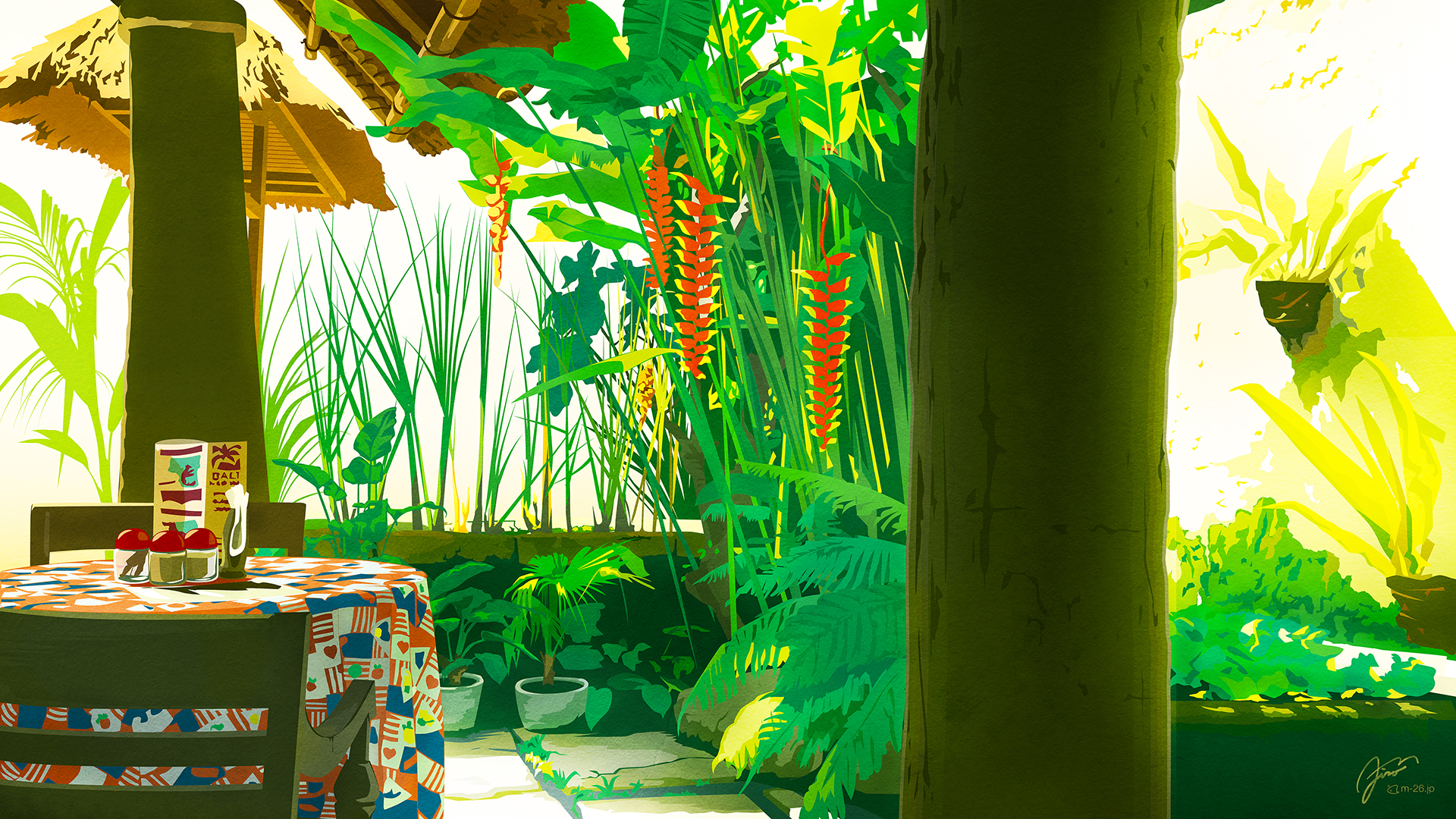 a_patio_with_plants_and_a_table