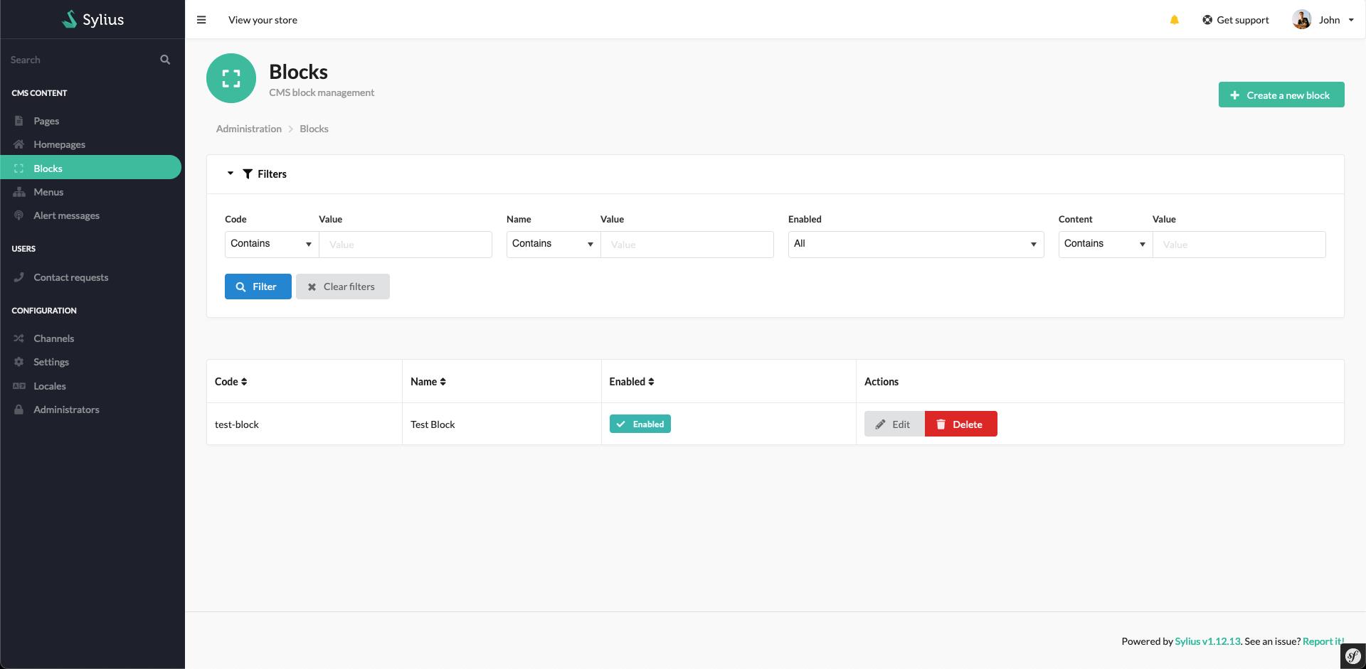 Grid of blocks in Sylius admin