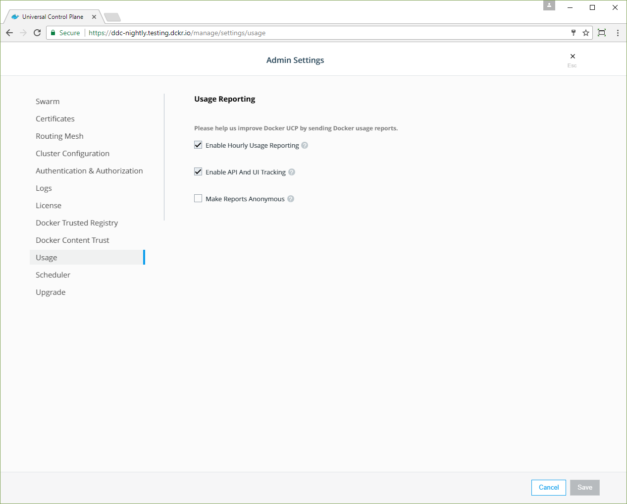 UCP admin settings Usage defaults