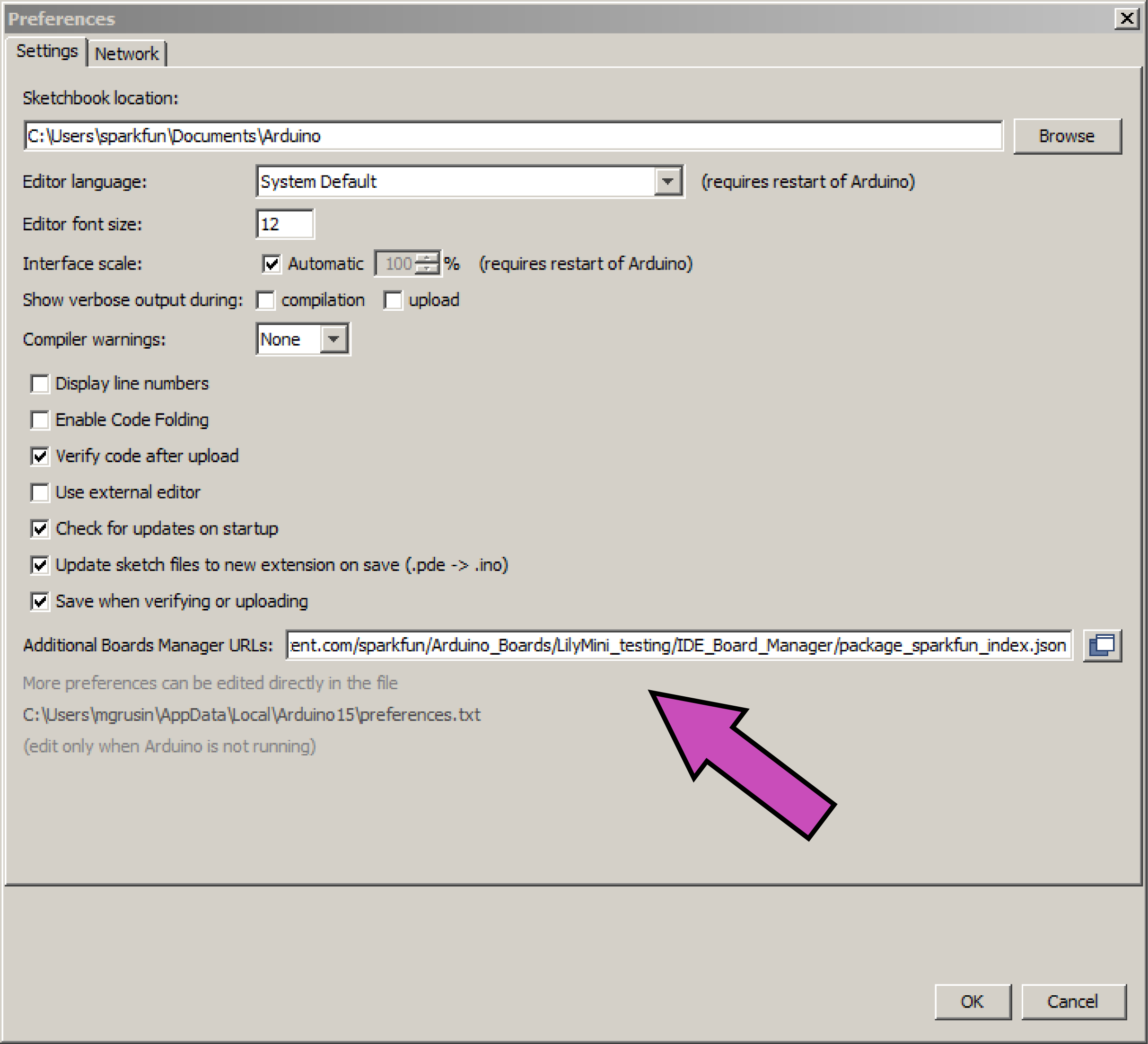 Location of Additional Boards Manager URL input field