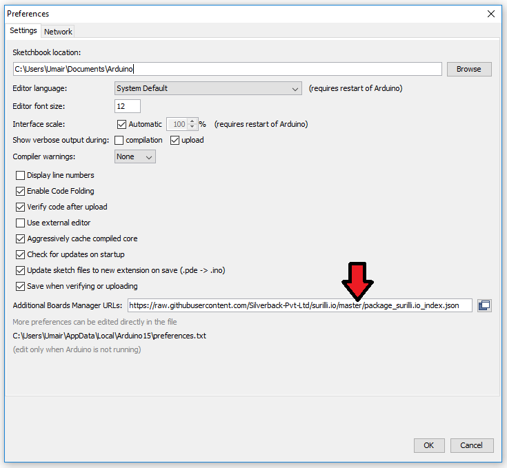 Location of Additional Boards Manager URL input field