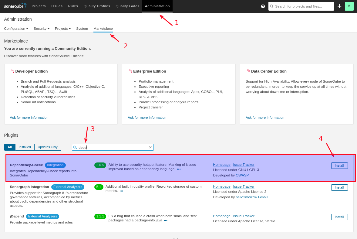 Instalação do plugin dependency check no sonar