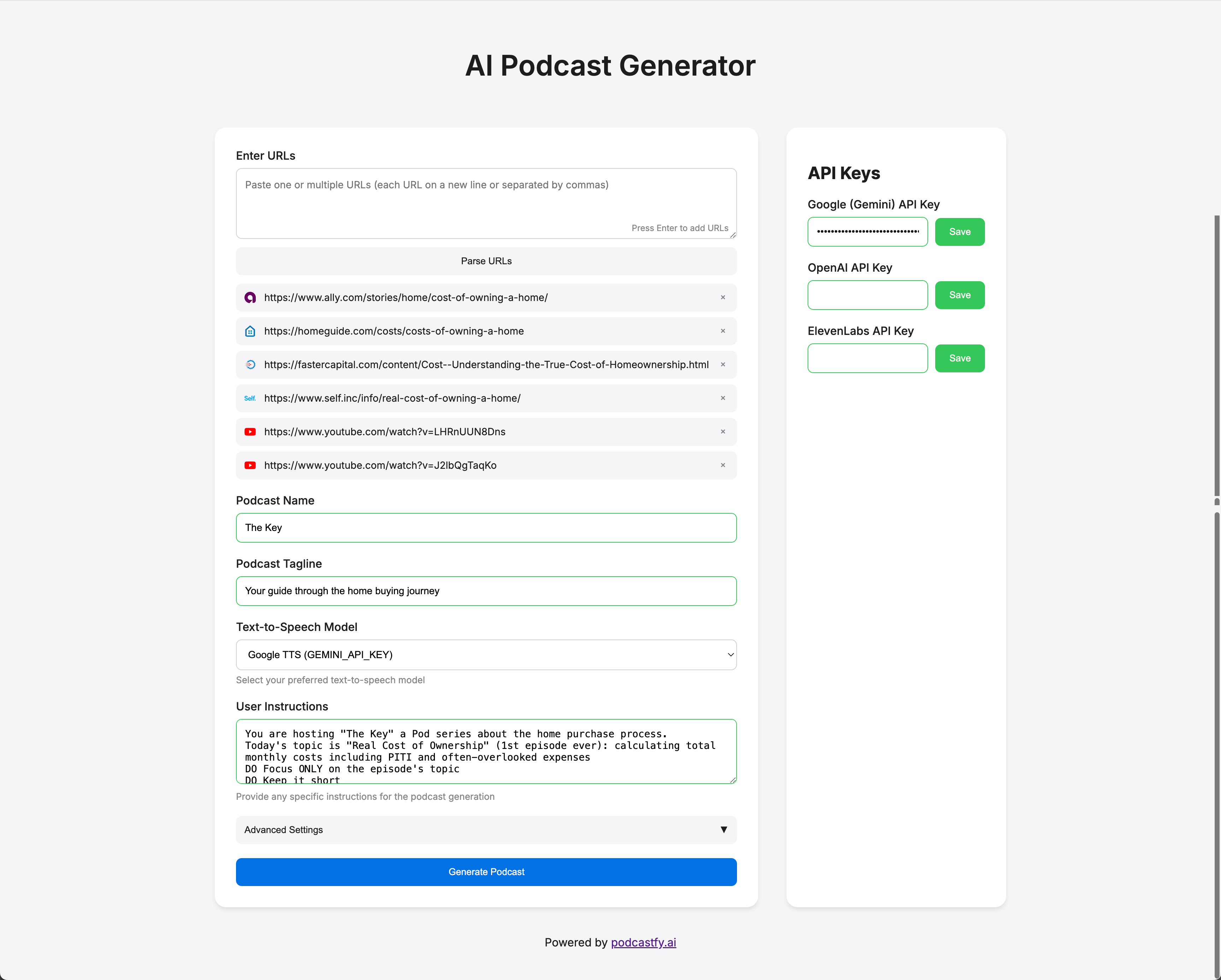 AI Podcast Generator Screenshot