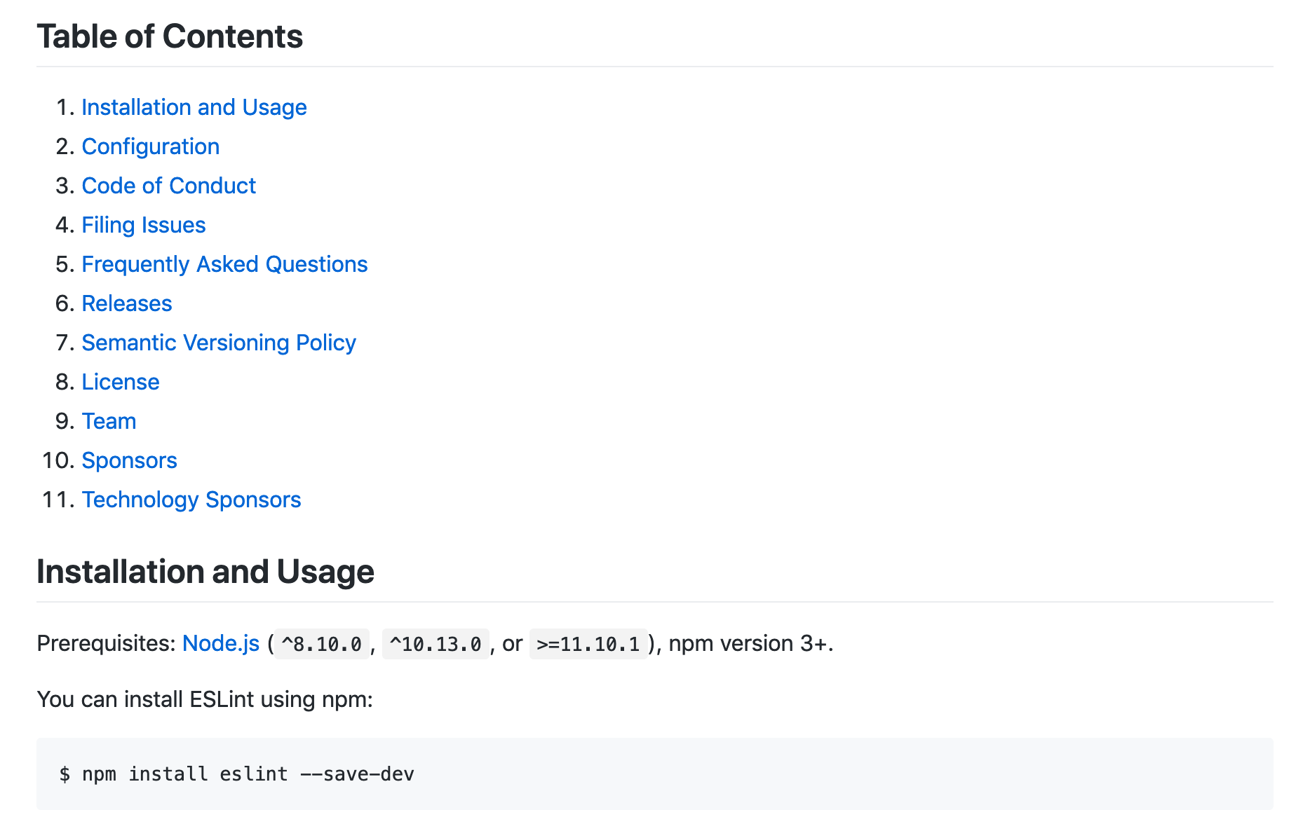 An example of table of contents within a README file