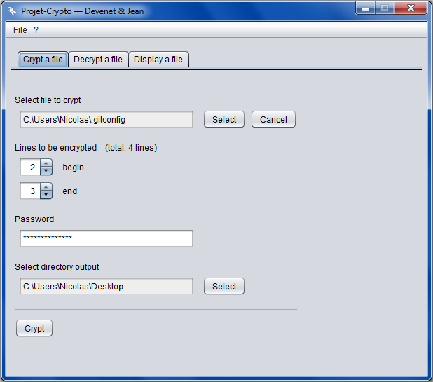 Onglet "Crypt a file"