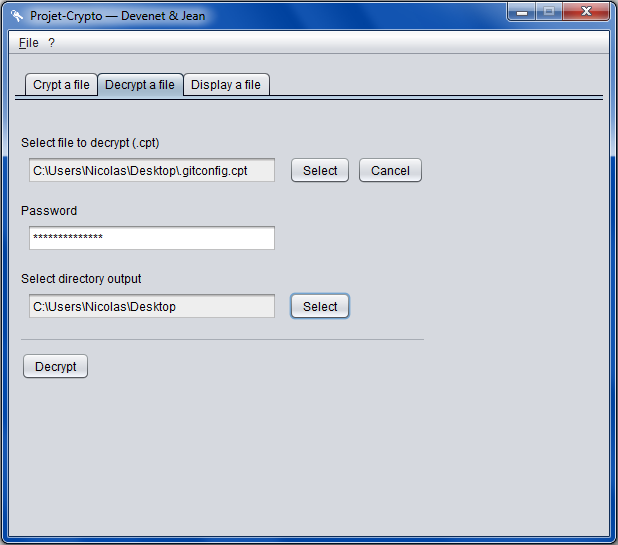 Onglet "Derypt a file"