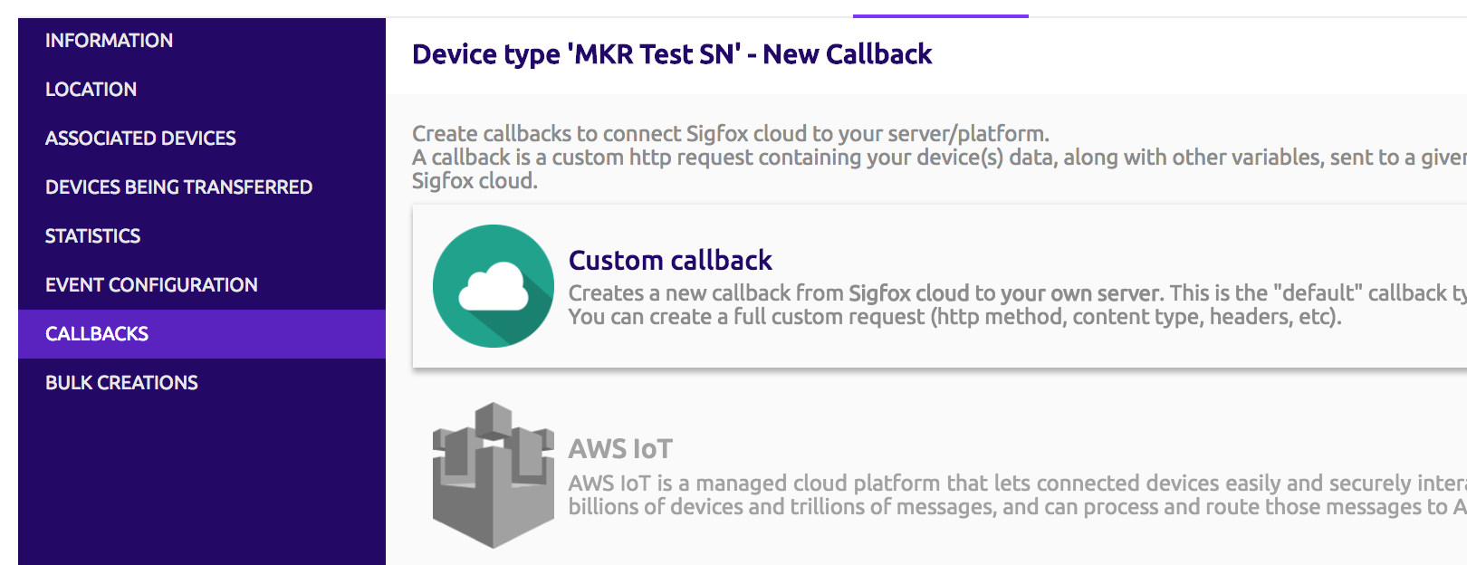 Callback type selection