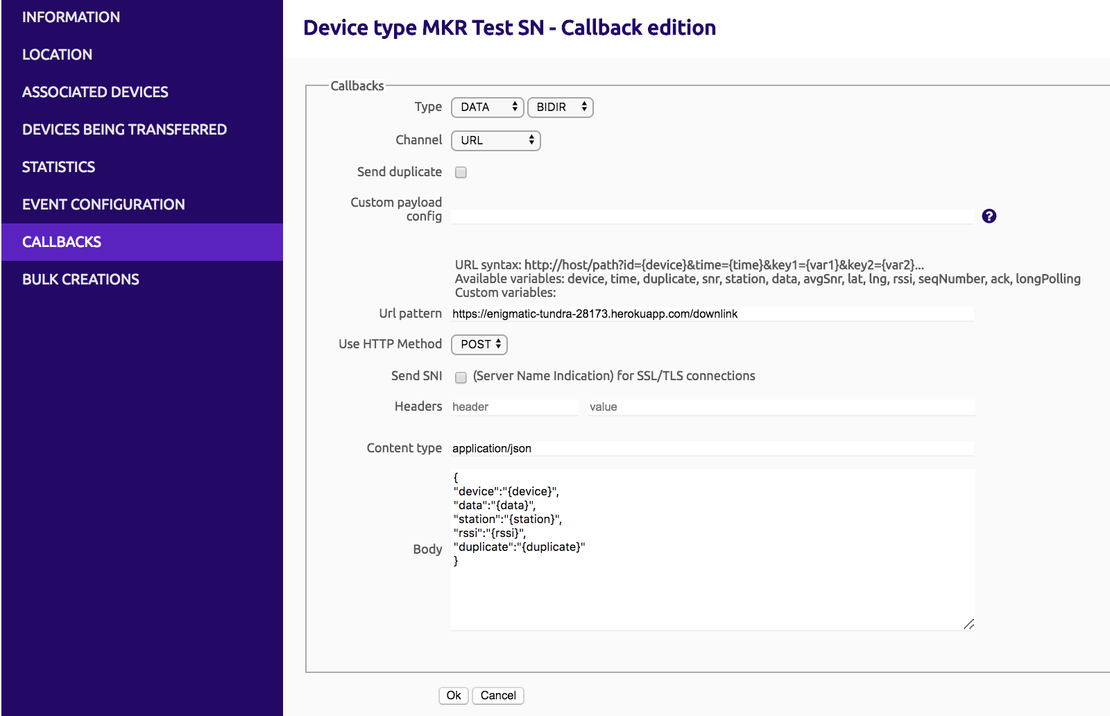 Downlink Callback configuration