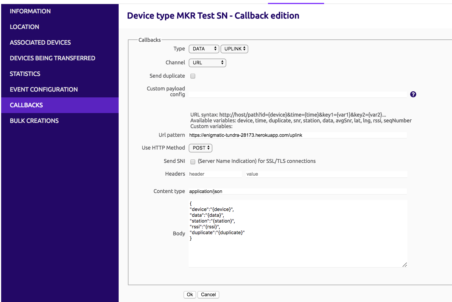 Uplink Callback configuration