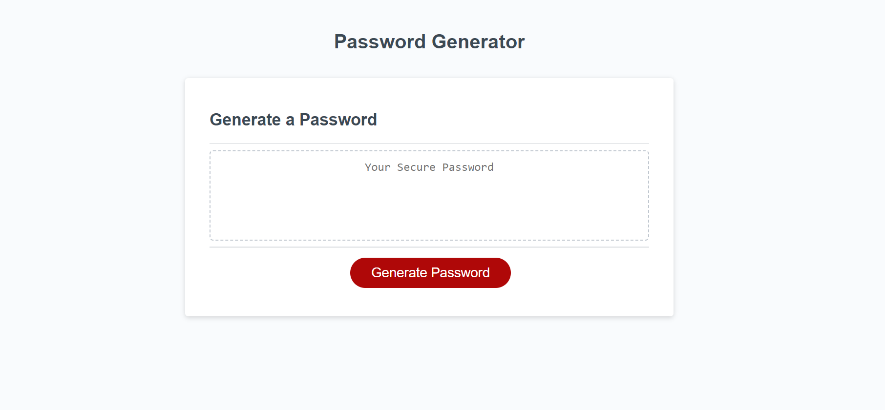 The Password Generator application displays a red button to "Generate Password".