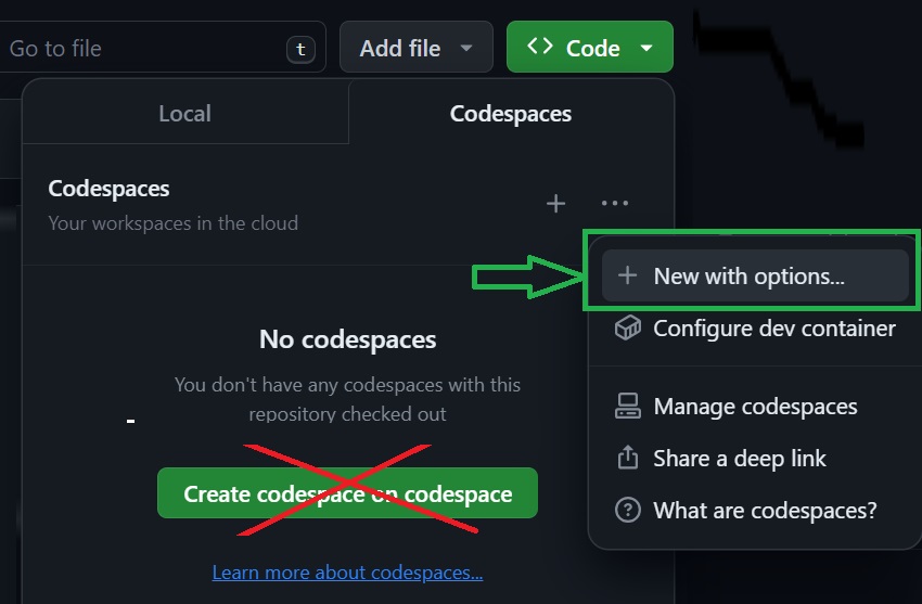 codespaces new with options