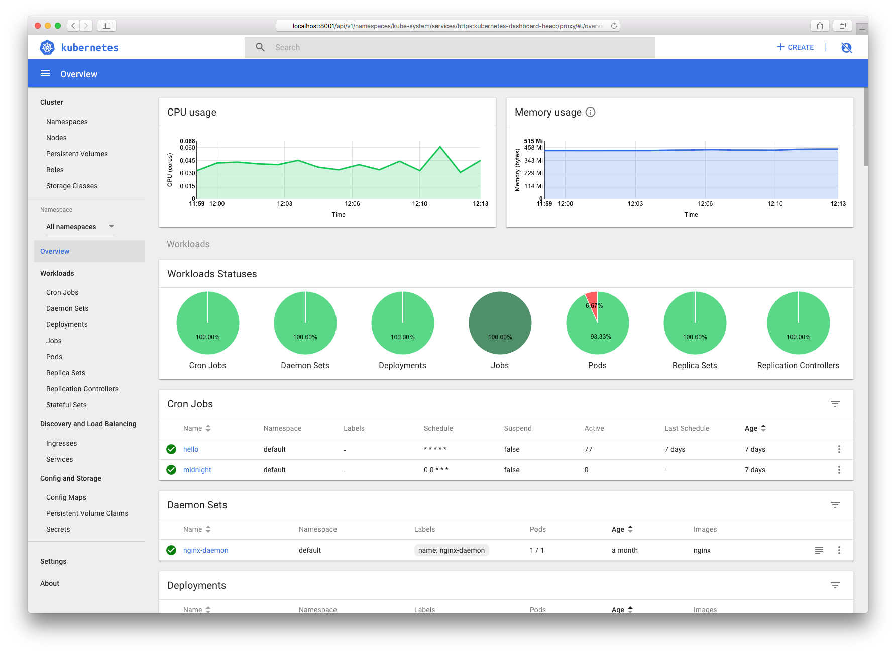 Dashboard UI workloads page