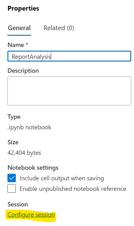 Select Configure Session to configure spark pool