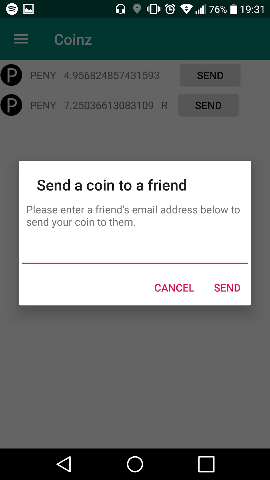 Dialog for sending a coin to another player