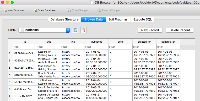 data okdork in sqlite