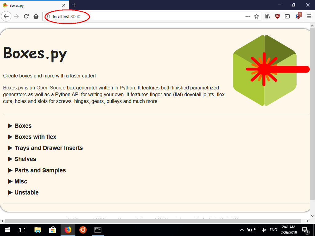 Screenshot of a browser window running Boxes.py locally