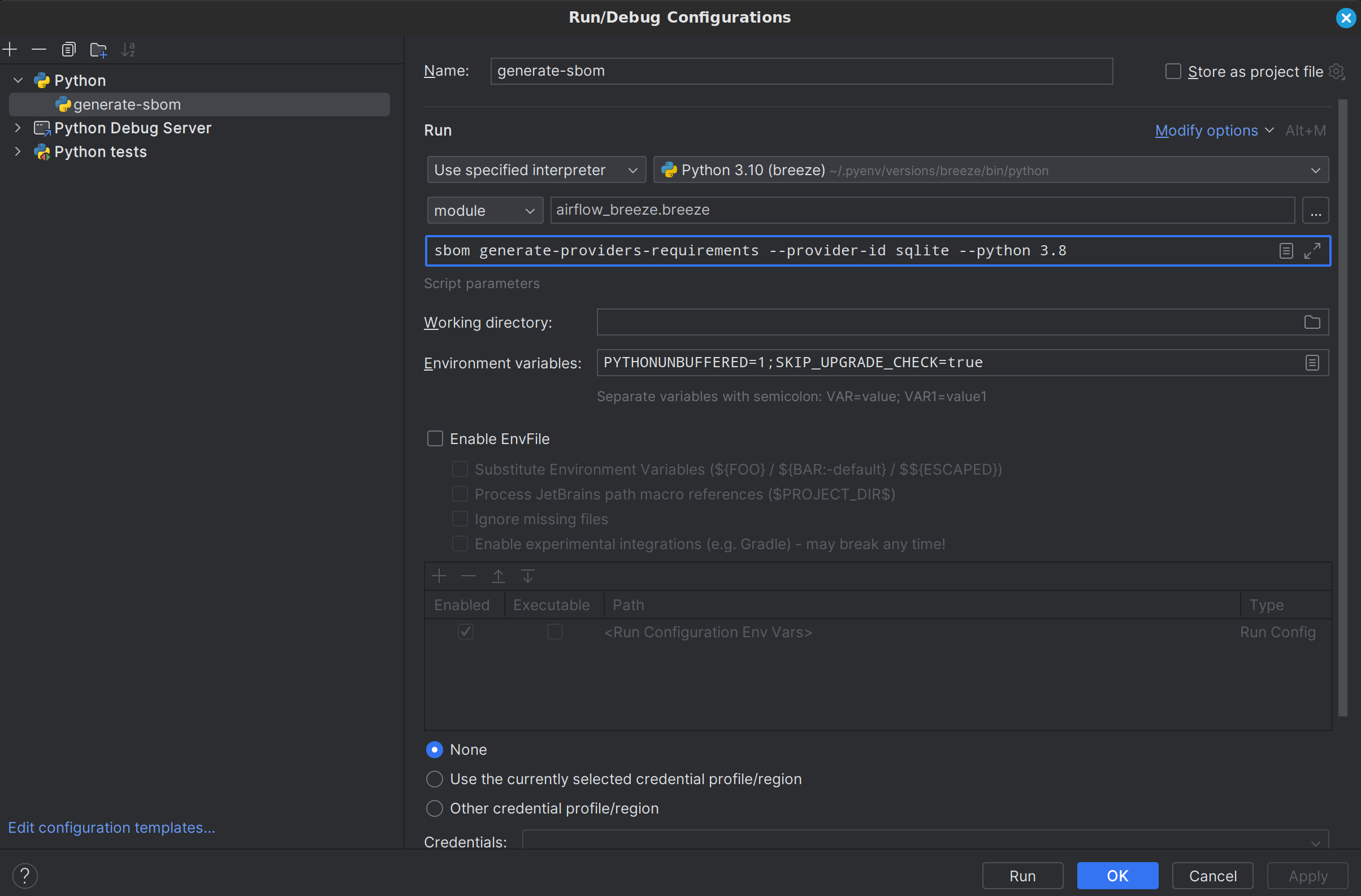 Airflow Breeze - PyCharm debugger configuration