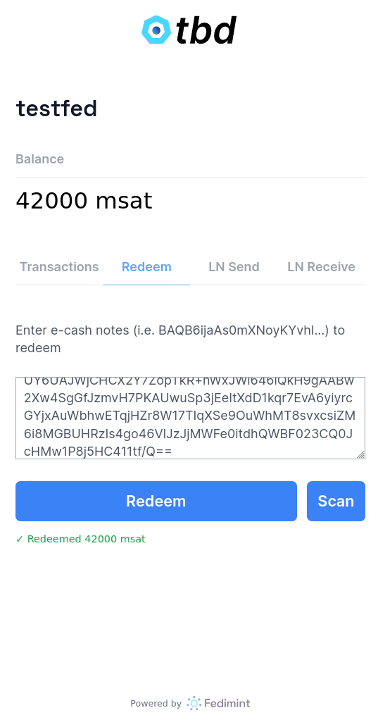 Redeem e-cash screen