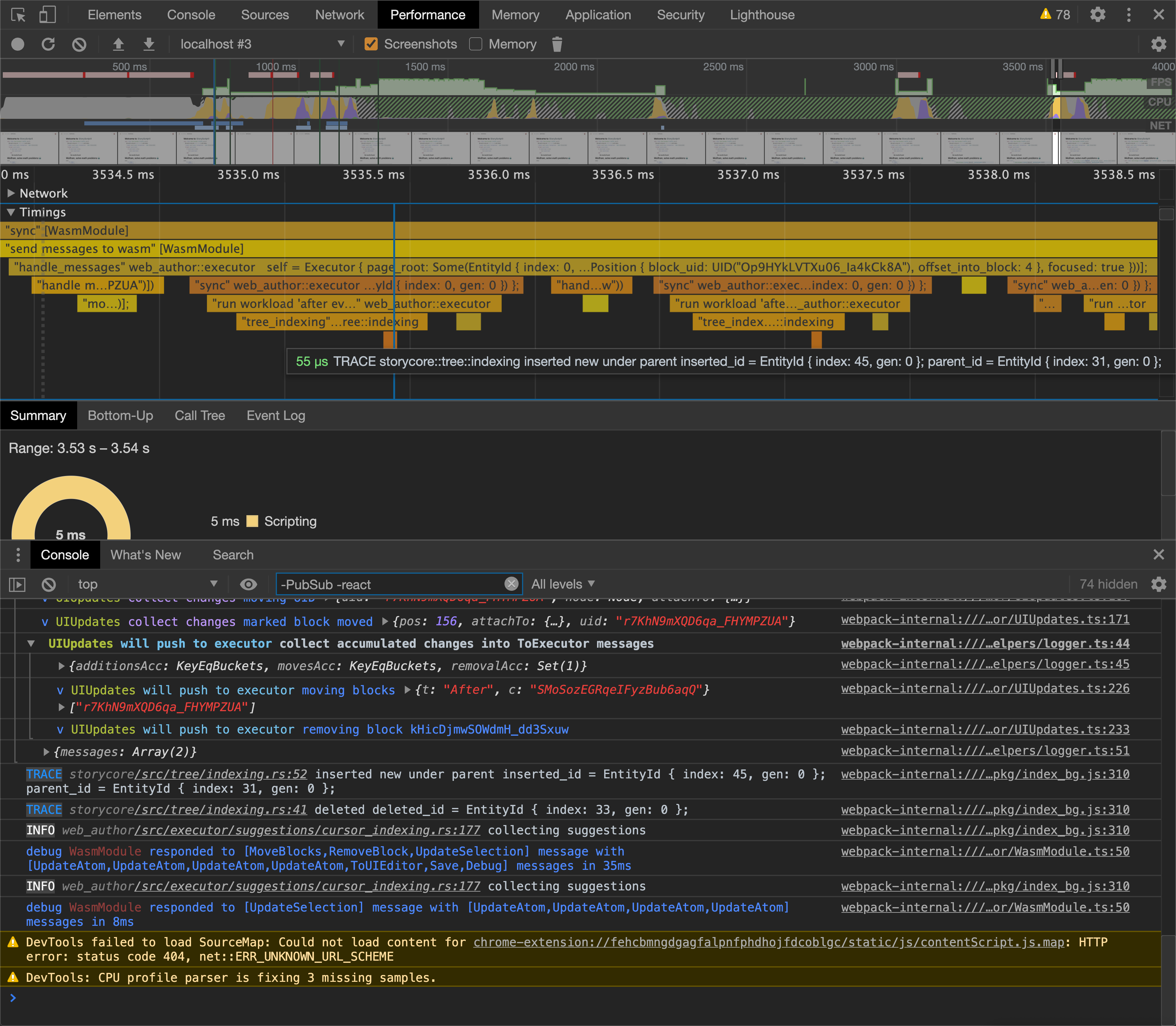 Screenshot of performance reported using the tracing-wasm Subscriber