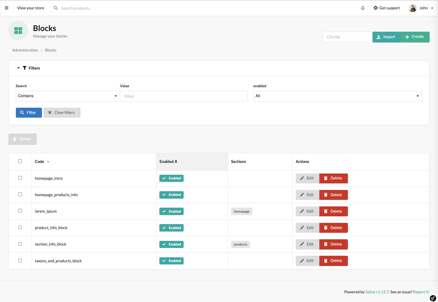 Screenshot showing content management config in admin