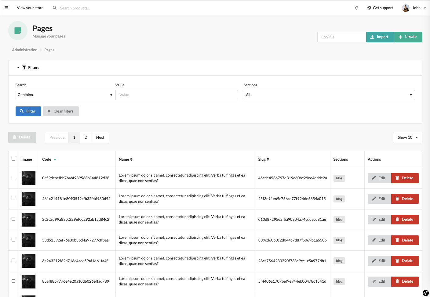 Screenshot showing content management config in admin