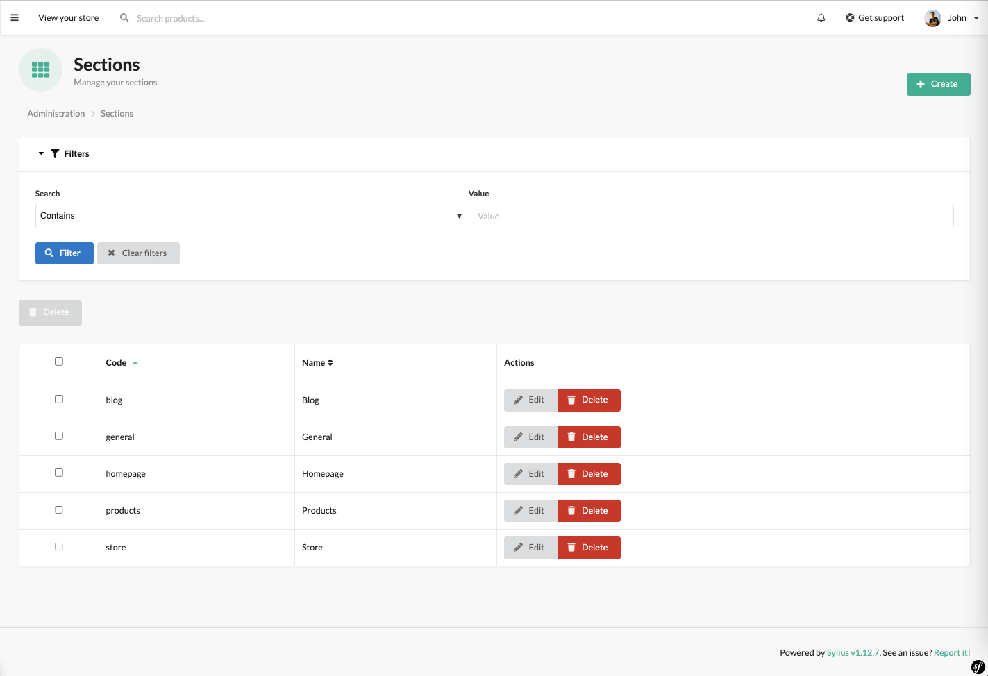 Screenshot showing content management config in admin