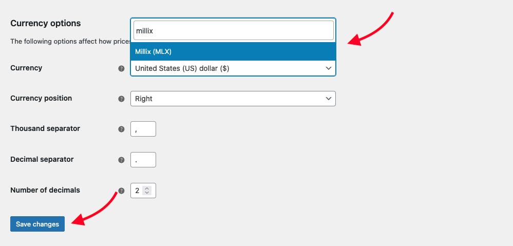 Select millix as currency