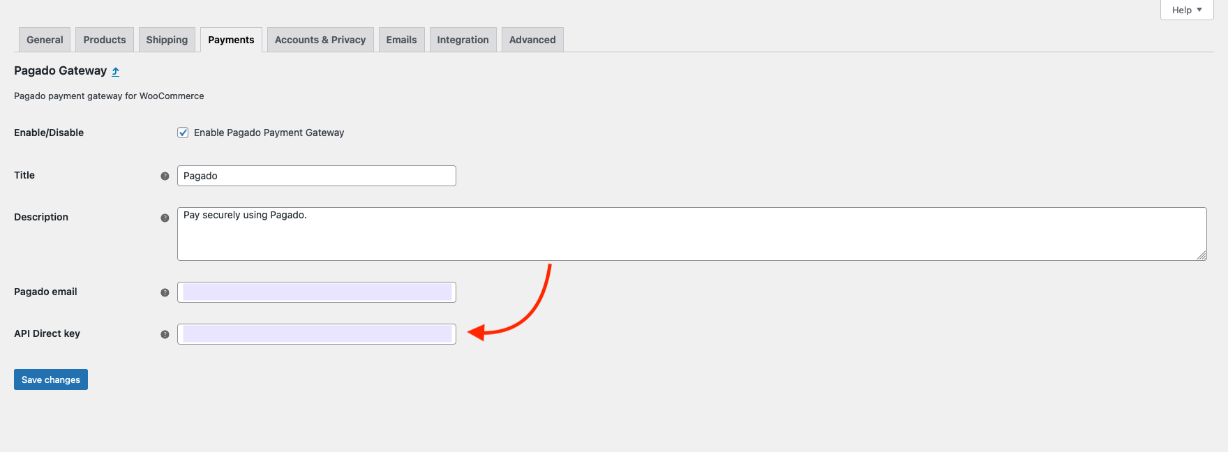 Pagado API Direct key