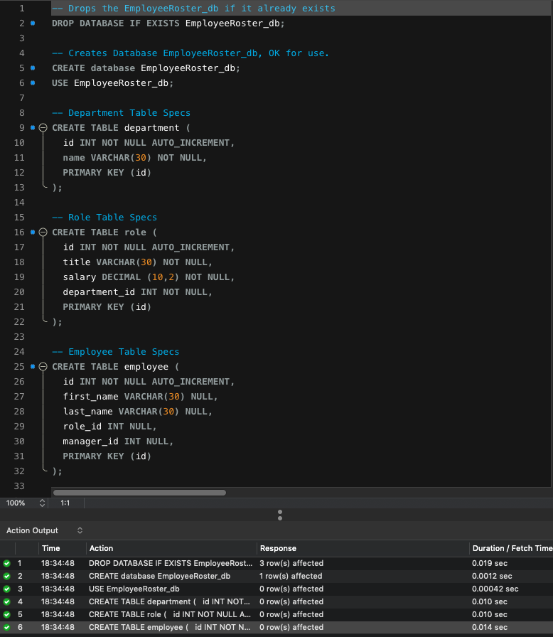 MySQL Employee Management Tracker Application — Setting up the database in MySQL Workbench (PNG)