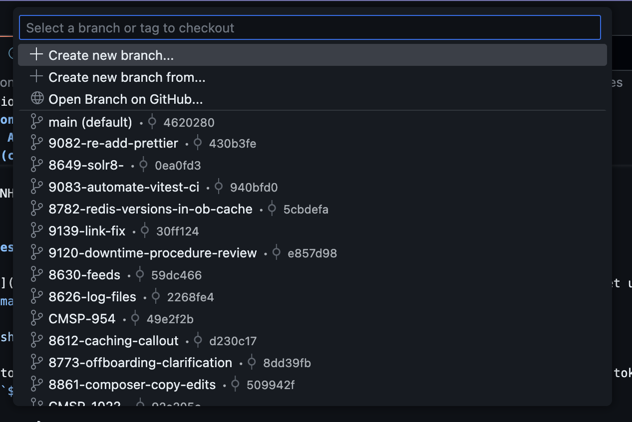 Codespaces branch selection