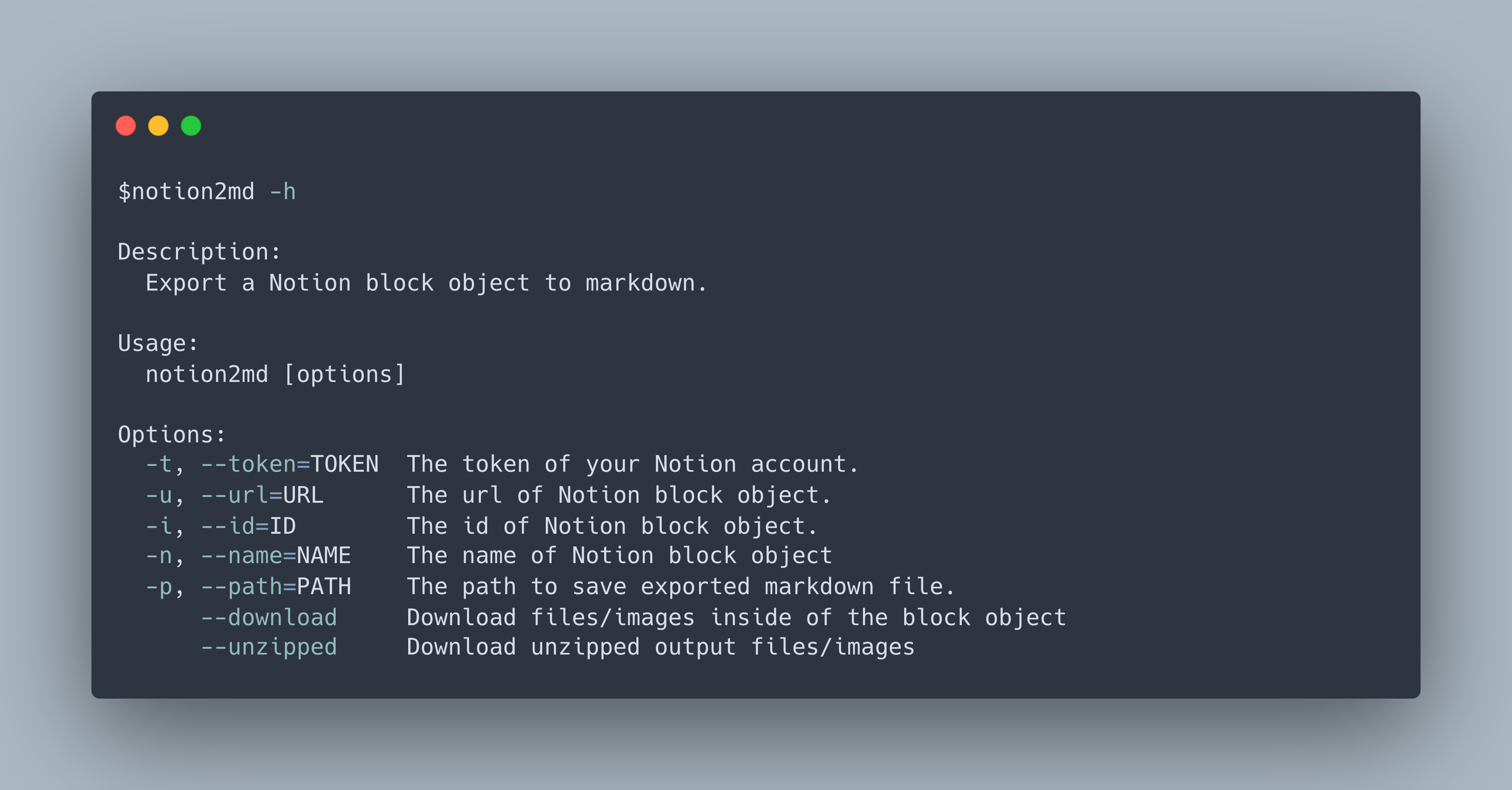 Terminal output of the notion2md -h command