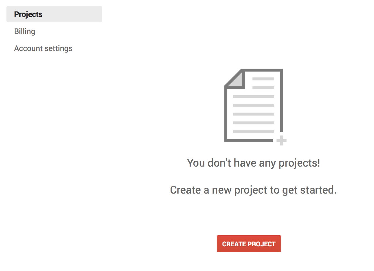 The google developers console, empty, no projects