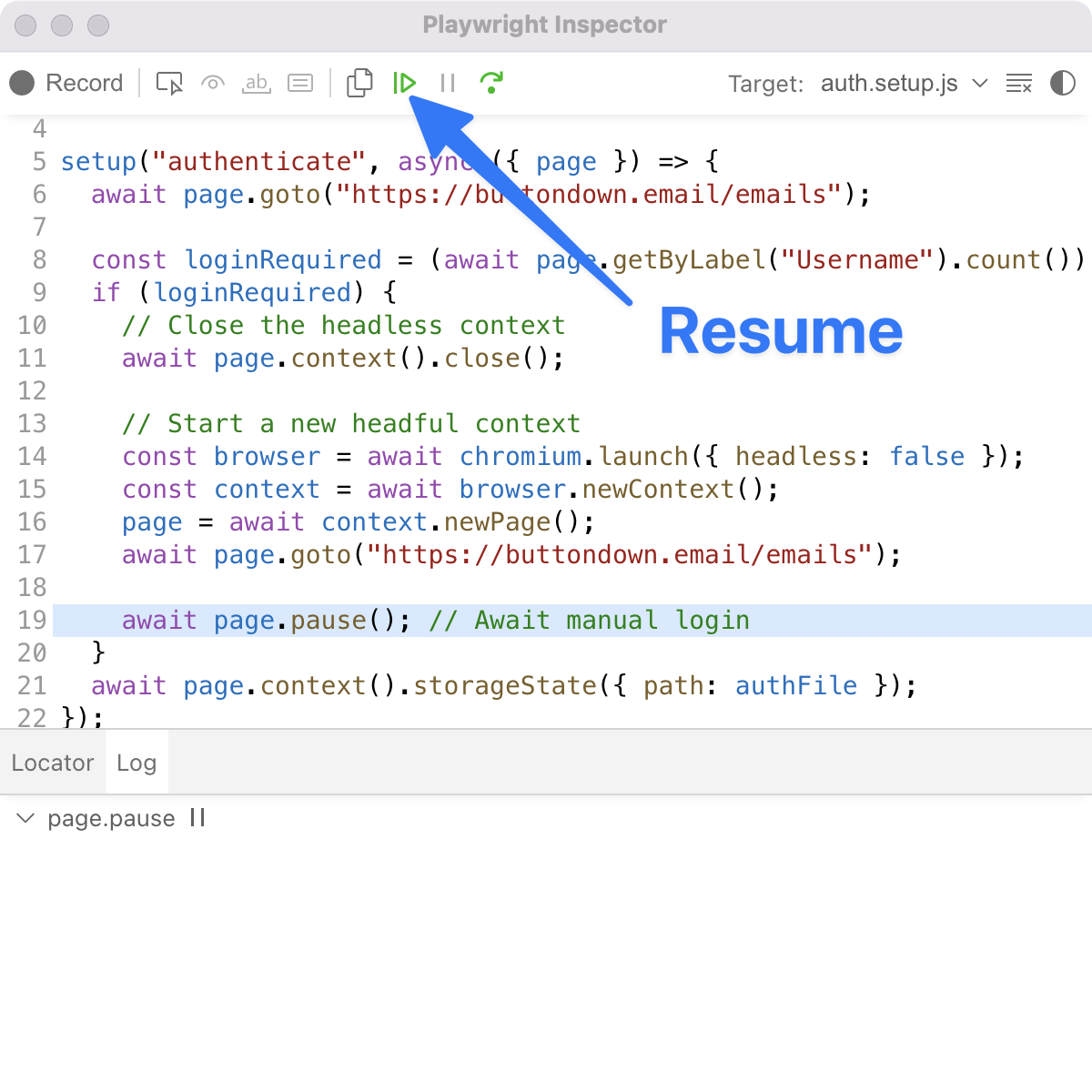 Screenshot of the Playwright inspector window, showing the 'Resume' button at the top